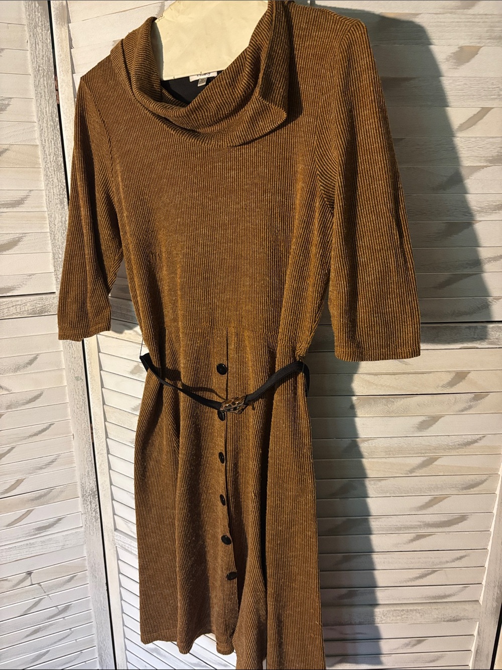 Signature by Robbie Bee Brown Ribbed Cowl-Neck Midi Dress with Belt
